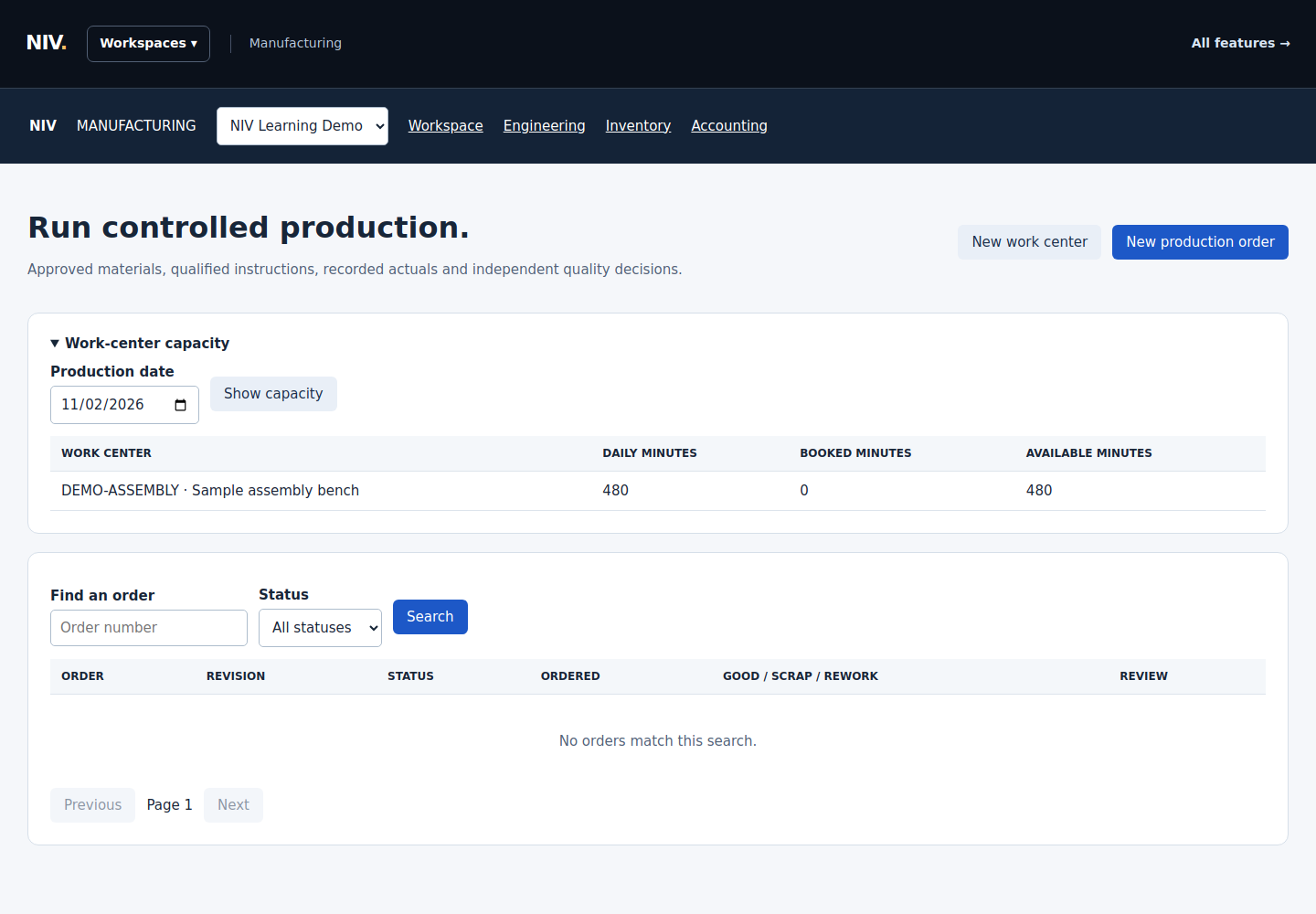 NIV demonstration screen: Save and verify capacity