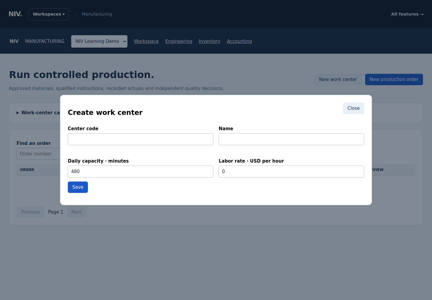NIV demonstration screen: Open work-center setup